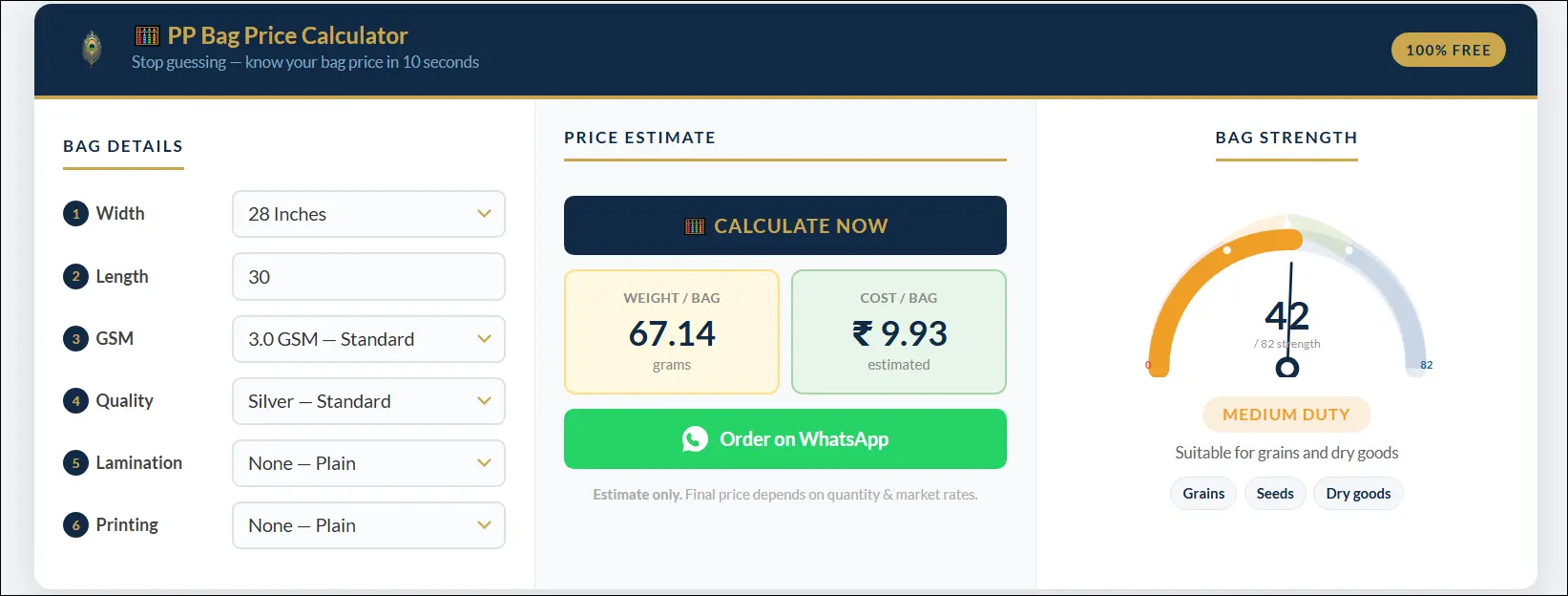 PP Bag Price Calculator — Free Online Tool by Dwarkesh Polyfab Morbi