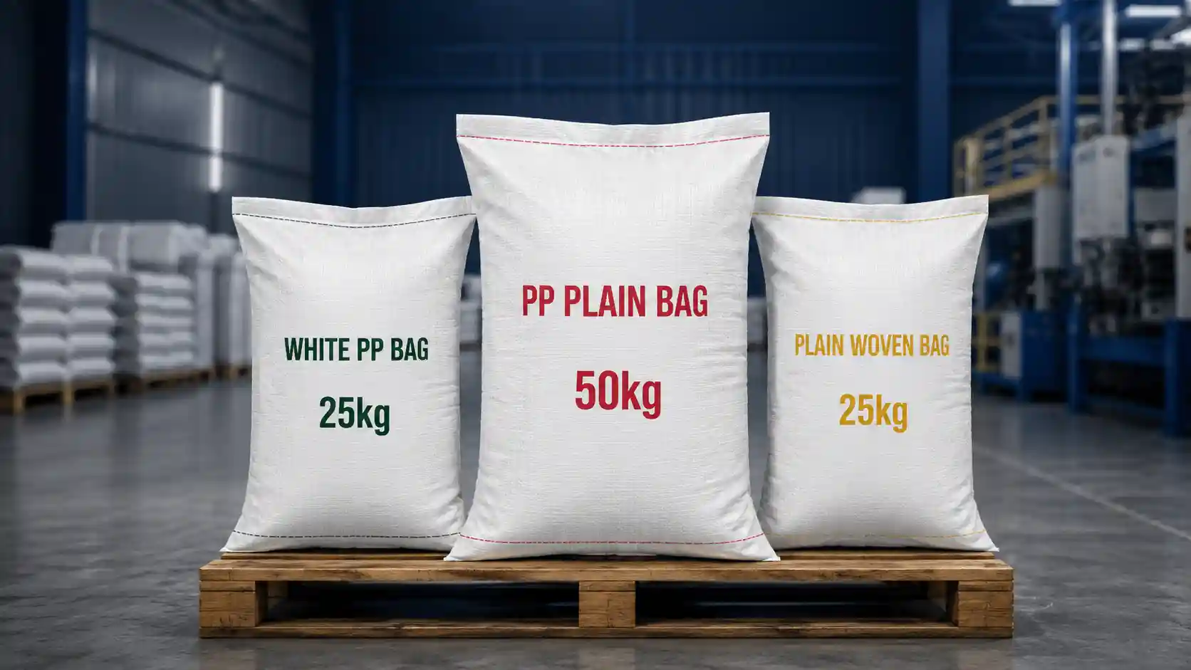 PP plain bags and white PP woven bags for 25kg and 50kg packaging
