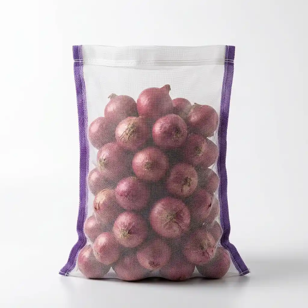 Double Mesh PP Leno Bag with Purple Vertical Border and Top Mouth Hemming for 70kg-80kg Export Loading