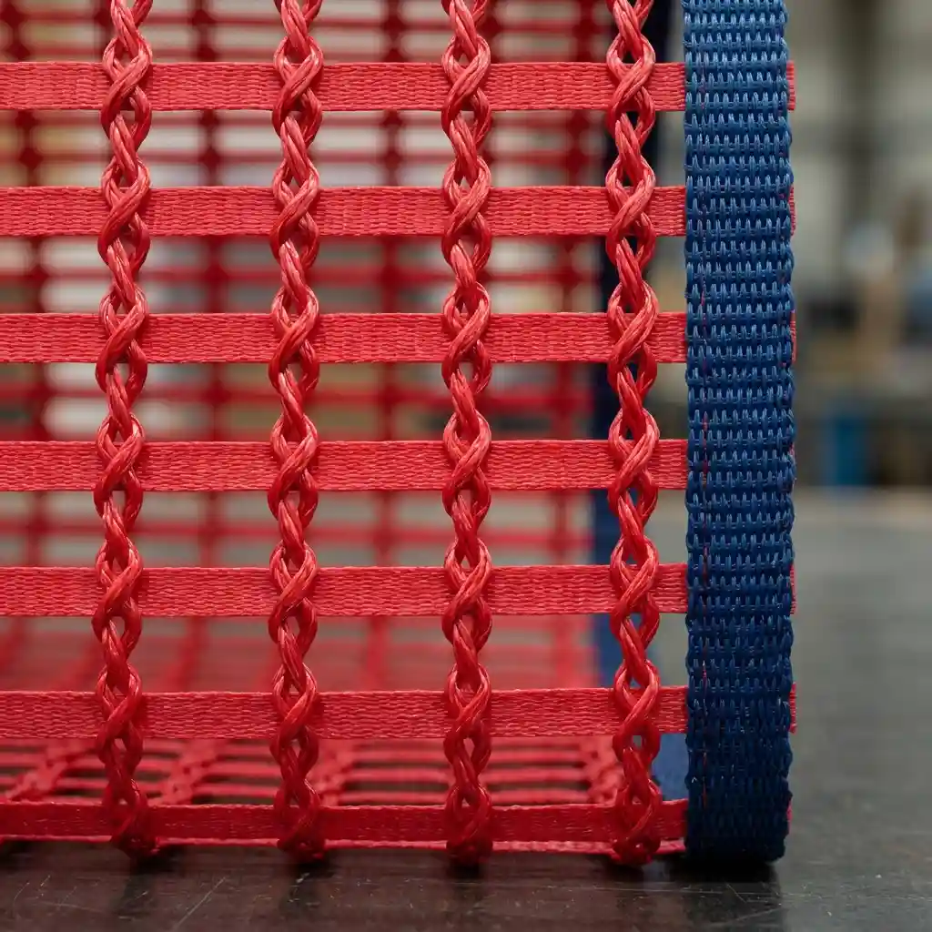 Macro Close-Up of Red Leno Mesh with Straight Horizontal Rows and Knotted Vertical Columns