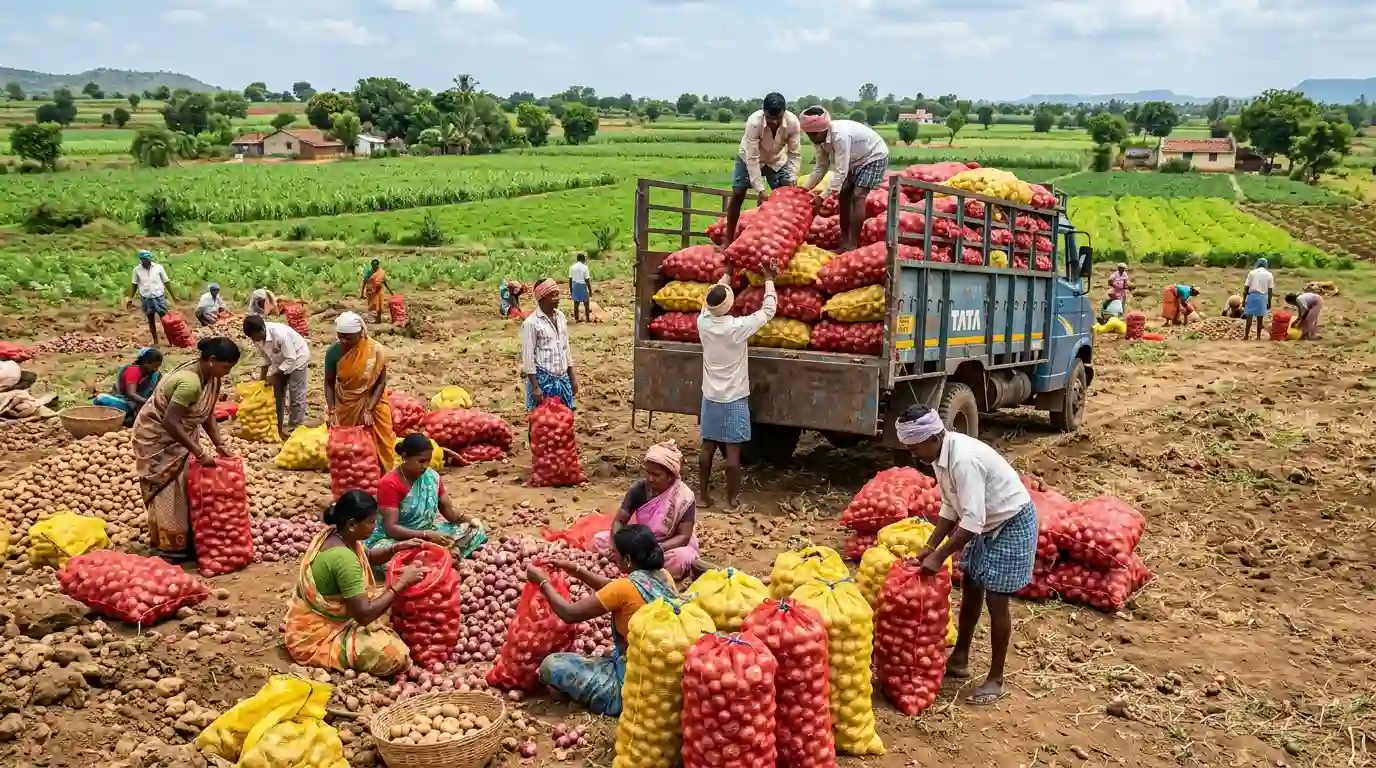 Agricultural Leno Mesh Bags Packed with Fresh Vegetables in Farm Field Loading and Freight Transport